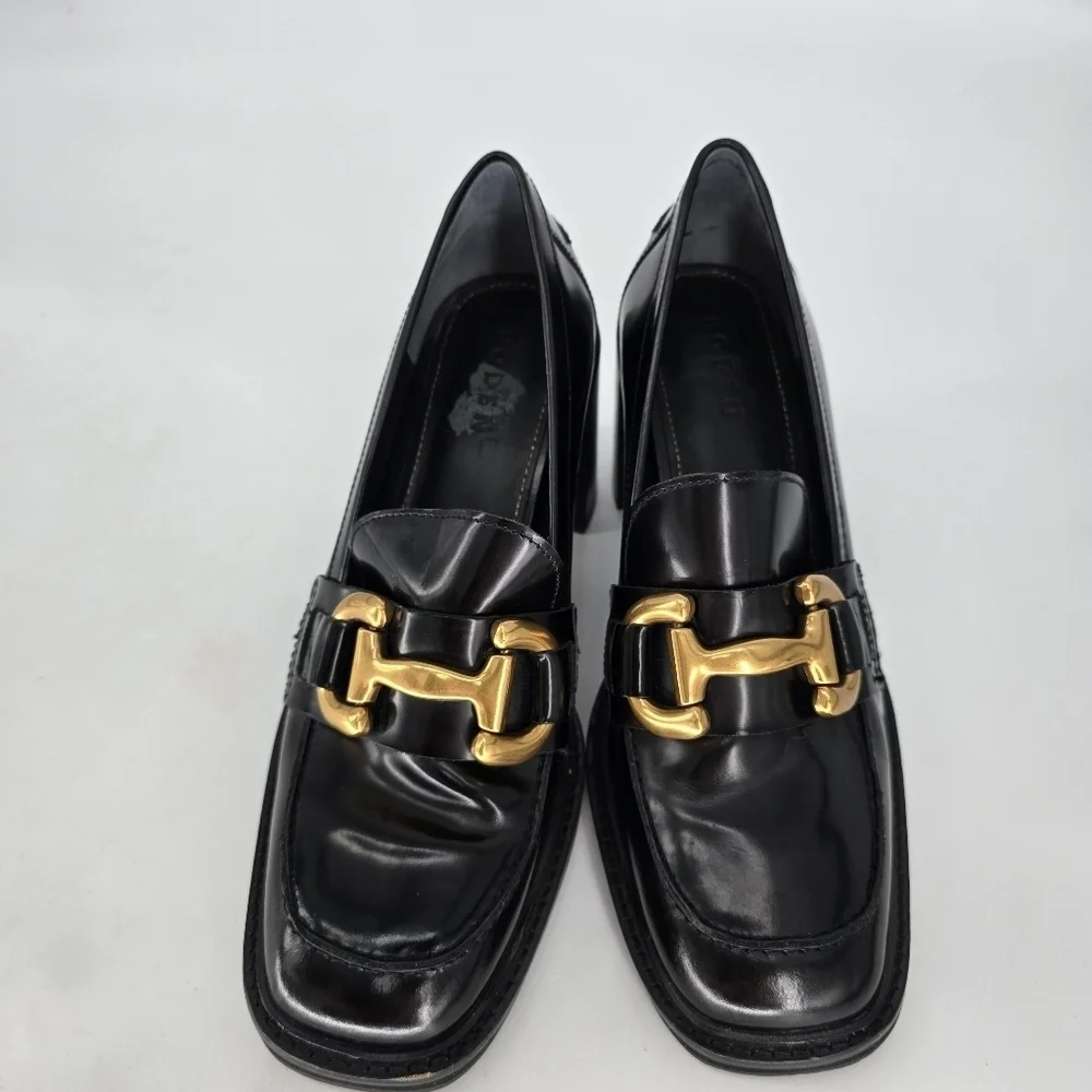 Boden iris snaffle heeled loafers black chunky with gold buckls front rounded 41